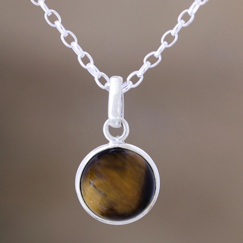 Indian Tiger's Eye and Sterling Silver Pendant Necklace 'Swing Low in Brown'