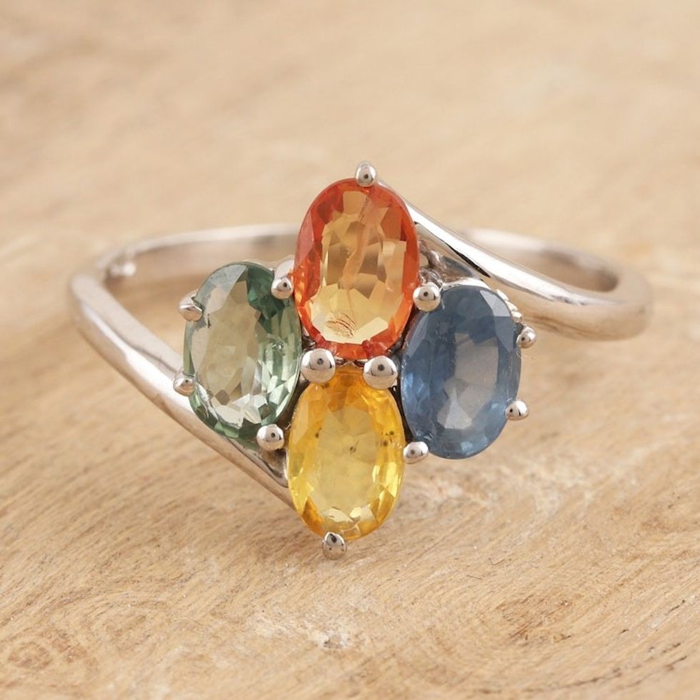Sterling Silver Cocktail Ring with Four Sapphires from India 'Indian Seasons'