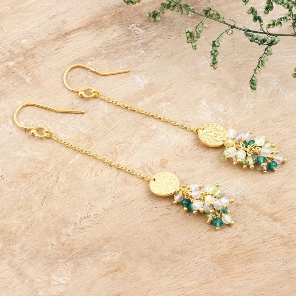 Gold-Plated Labradorite and Onyx Dangle Earrings 'Pure Luxury'