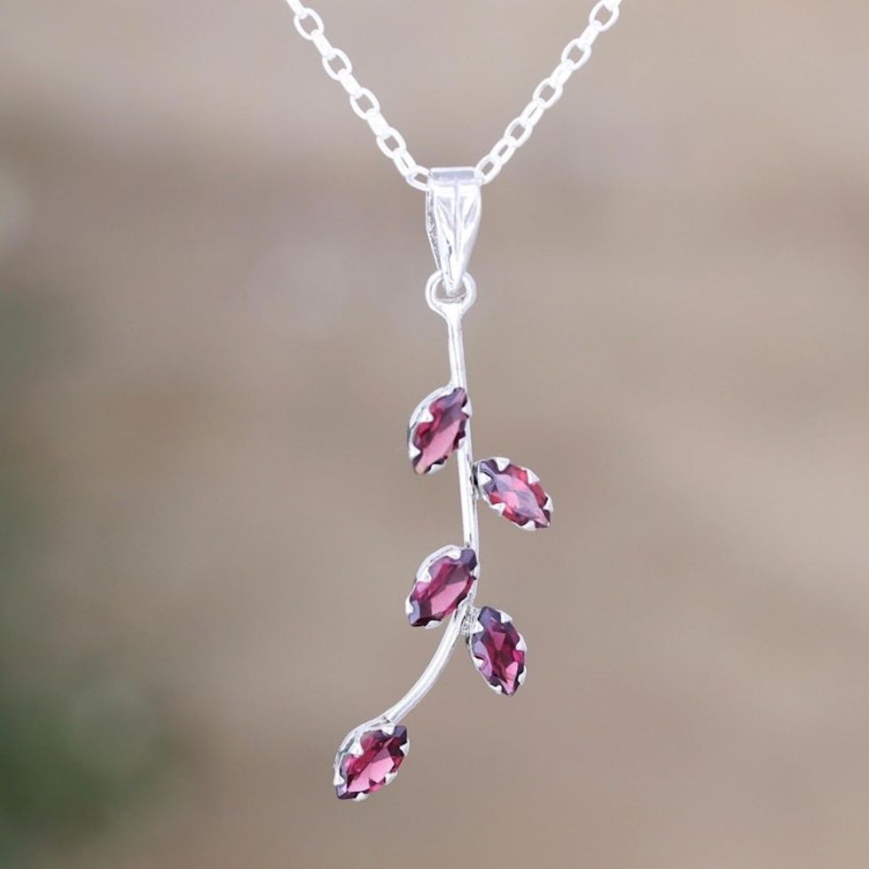 Garnet and Sterling Silver Pendant Necklace 'Leaf Sprig'