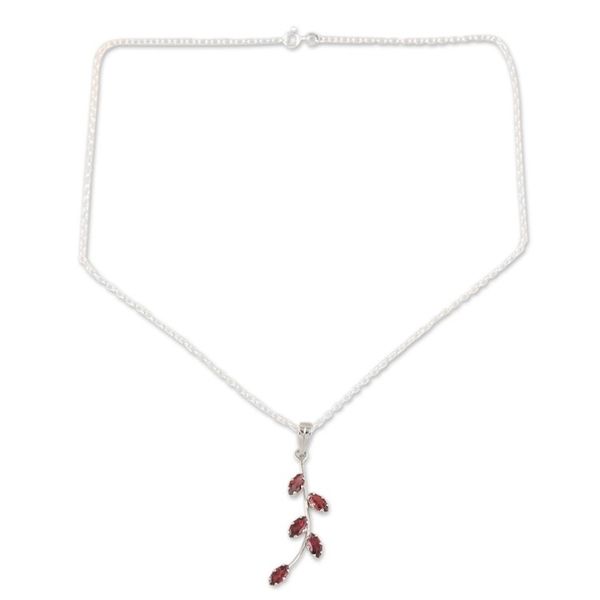 Alternate image for Garnet and Sterling Silver Pendant Necklace Leaf Sprig