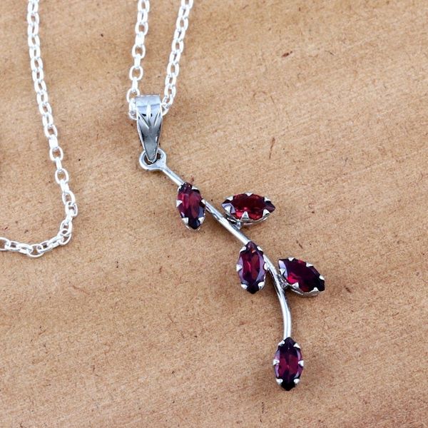Alternate image for Garnet and Sterling Silver Pendant Necklace Leaf Sprig