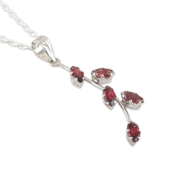Alternate image for Garnet and Sterling Silver Pendant Necklace Leaf Sprig
