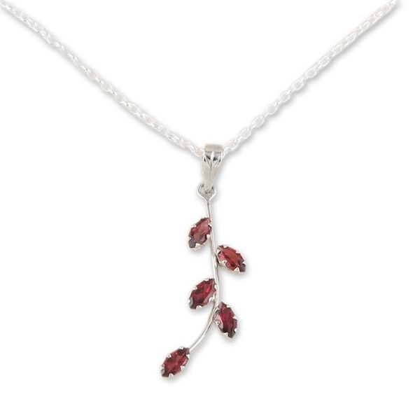 Alternate image for Garnet and Sterling Silver Pendant Necklace Leaf Sprig