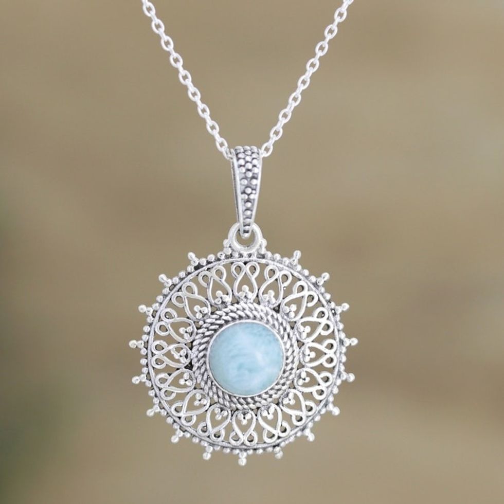 Larimar and Sterling Silver Pendant Necklace from India 'Indian Sky'