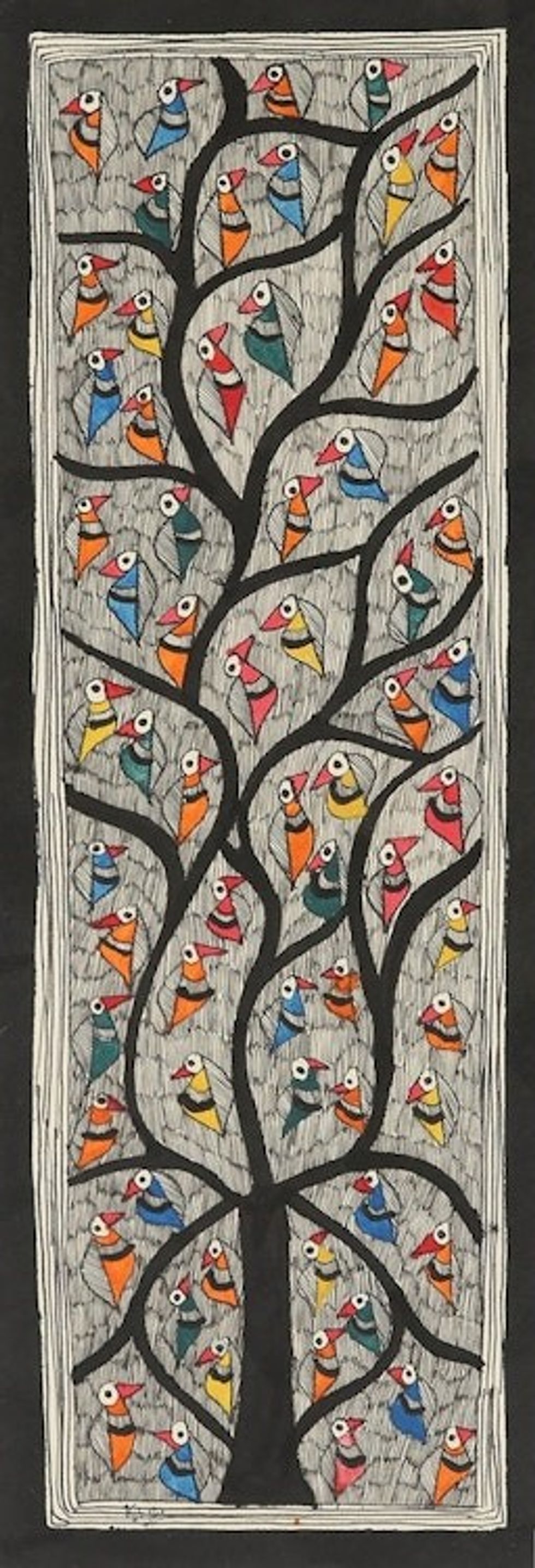 Signed Bird Madhubani Painting in Multicolor Tones 'Bird's Saga'