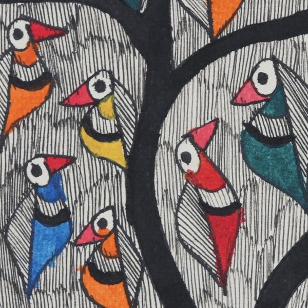 Alternate image for Signed Bird Madhubani Painting in Multicolor Tones Birds Saga