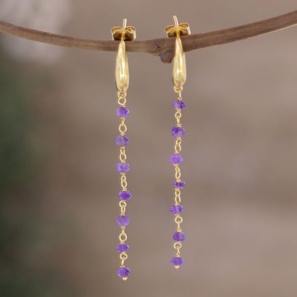 Alternate image for Hand Made Gold-Plated Amethyst Dangle Earrings Golden Torrent in Purple