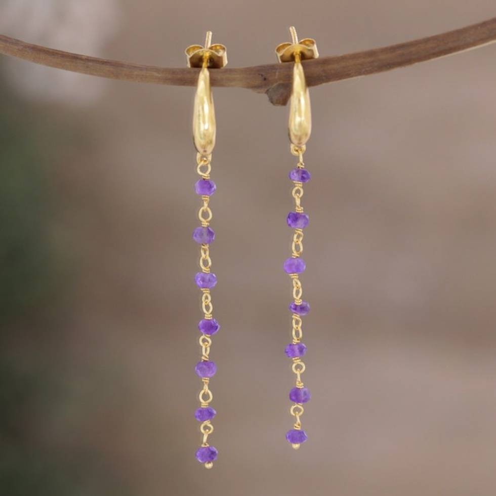 Hand Made Gold-Plated Amethyst Dangle Earrings 'Golden Torrent in Purple'