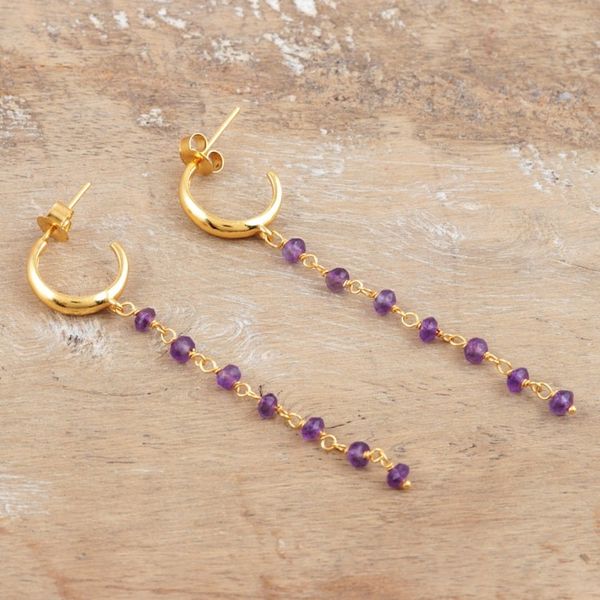 Alternate image for Hand Made Gold-Plated Amethyst Dangle Earrings Golden Torrent in Purple