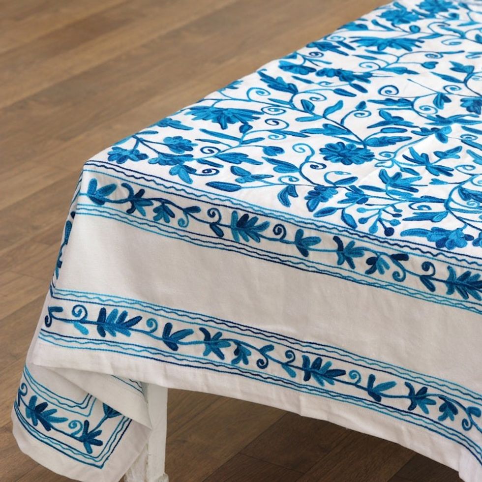 Teal and Turquoise Floral Embroidered Cotton Tablecloth 'Blooming Serenity'