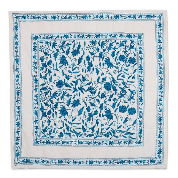 Alternate image for Teal and Turquoise Floral Embroidered Cotton Tablecloth Blooming Serenity