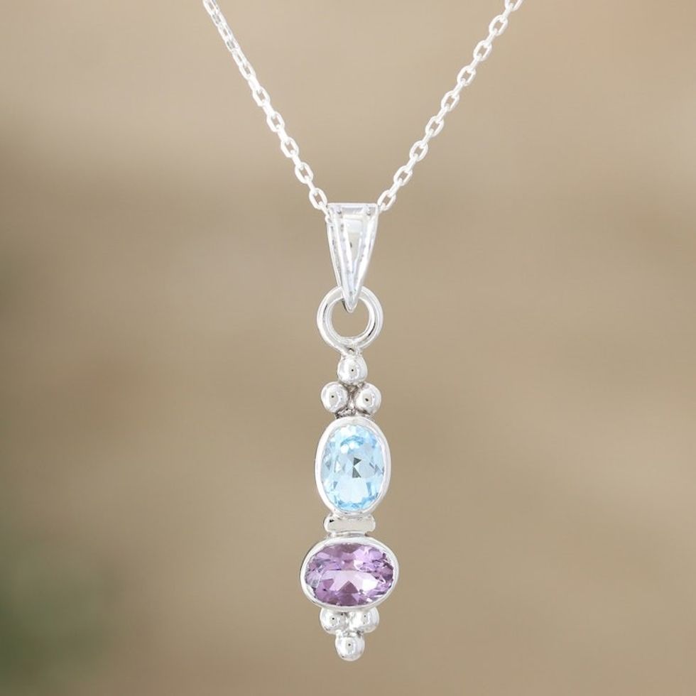 Amethyst and Blue Topaz Pendant Necklace in Sterling Silver 'Pastel Stones'