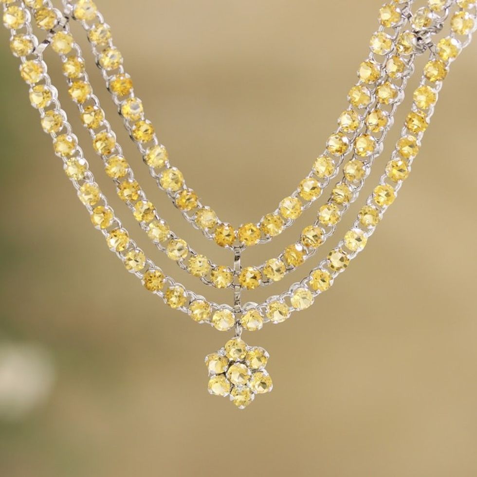 Rhodium-Plated Citrine Pendant Necklace from India 'Yellow Queen'