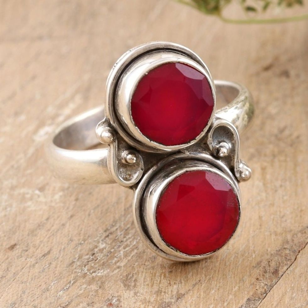 Sterling Silver and Pink Chalcedony Cocktail Ring 'Dual Moon'