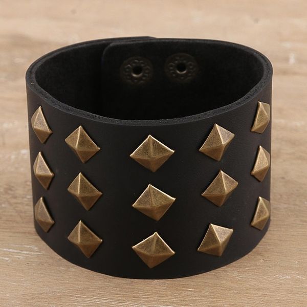 Alternate image for Unisex Leather Cuff with Brass Studs Golden Studs