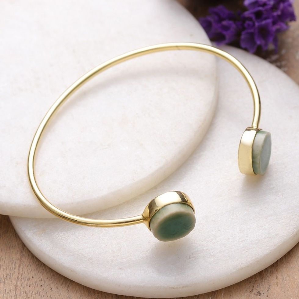 Modern Minimalist Brass and Green Ceramic Cuff Bracelet 'Green Utopia'
