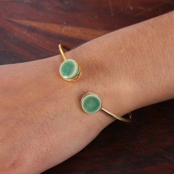 Alternate image for Modern Minimalist Brass and Green Ceramic Cuff Bracelet Green Utopia