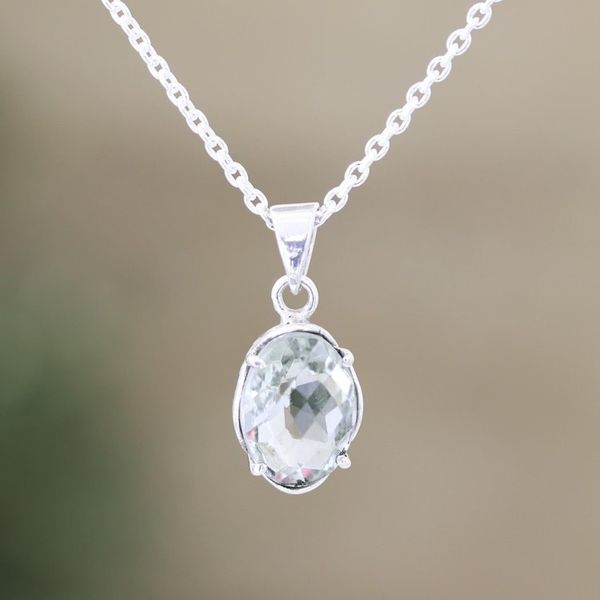 Alternate image for Handcrafted Prasiolite and Sterling Silver Pendant Necklace Pale Green Eyes