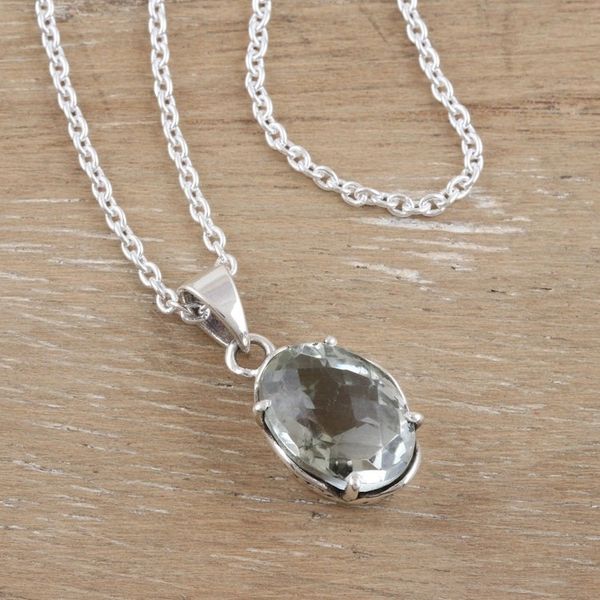 Alternate image for Handcrafted Prasiolite and Sterling Silver Pendant Necklace Pale Green Eyes