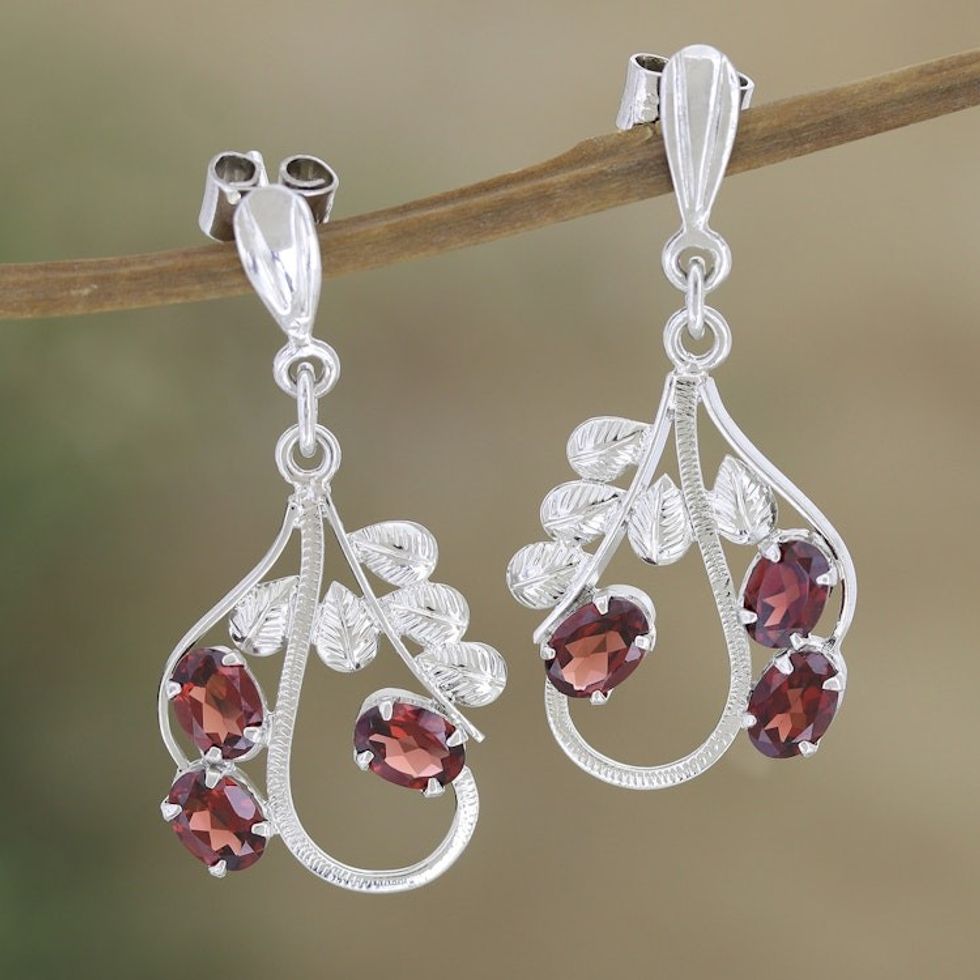 Handmade Rhodium-Plated Garnet Dangle Earrings 'Blazing Leaves'