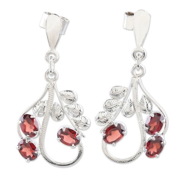 Alternate image for Handmade Rhodium-Plated Garnet Dangle Earrings Blazing Leaves