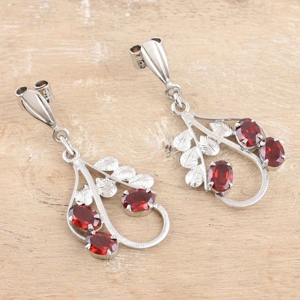 Alternate image for Handmade Rhodium-Plated Garnet Dangle Earrings Blazing Leaves
