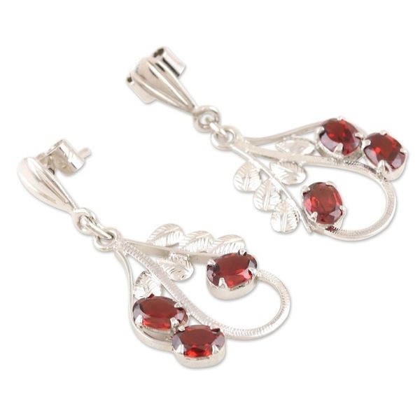 Alternate image for Handmade Rhodium-Plated Garnet Dangle Earrings Blazing Leaves