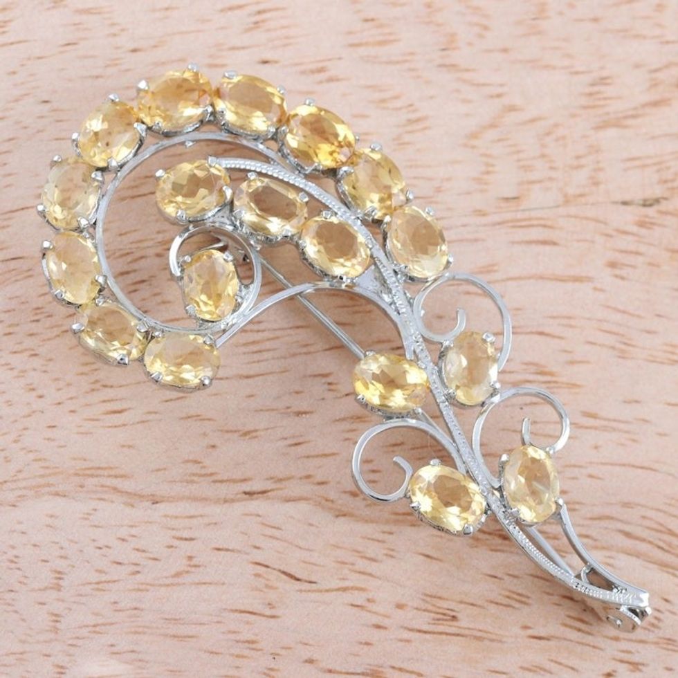 Hand Made Citrine and Sterling Silver Brooch 'Golden Paisley'
