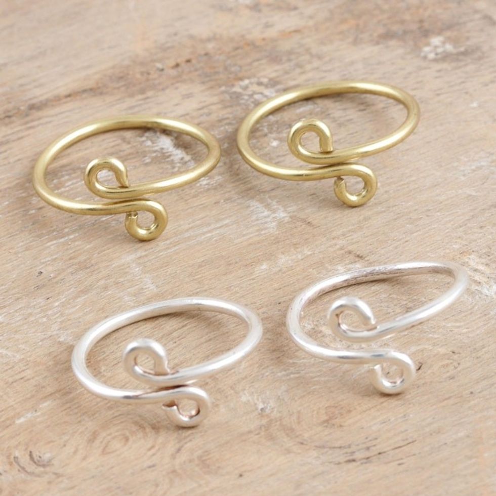 Handcrafted Sterling Silver and Brass Toe Rings Set of 4 'Here and There'