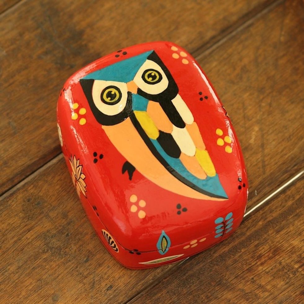 Hand Crafted Owl-Themed Decorative Box 'Owl Story in Red'