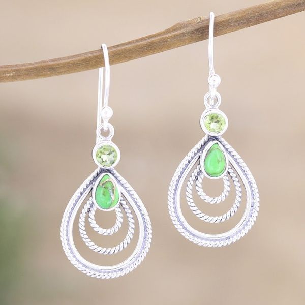 Alternate image for Handmade Indian Peridot and Sterling Silver Dangle Earrings Radiate in Green