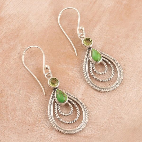 Alternate image for Handmade Indian Peridot and Sterling Silver Dangle Earrings Radiate in Green