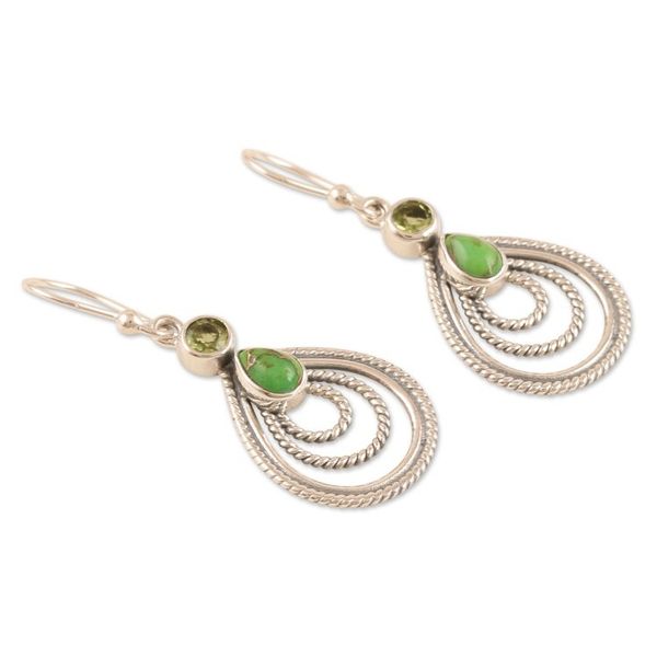 Alternate image for Handmade Indian Peridot and Sterling Silver Dangle Earrings Radiate in Green