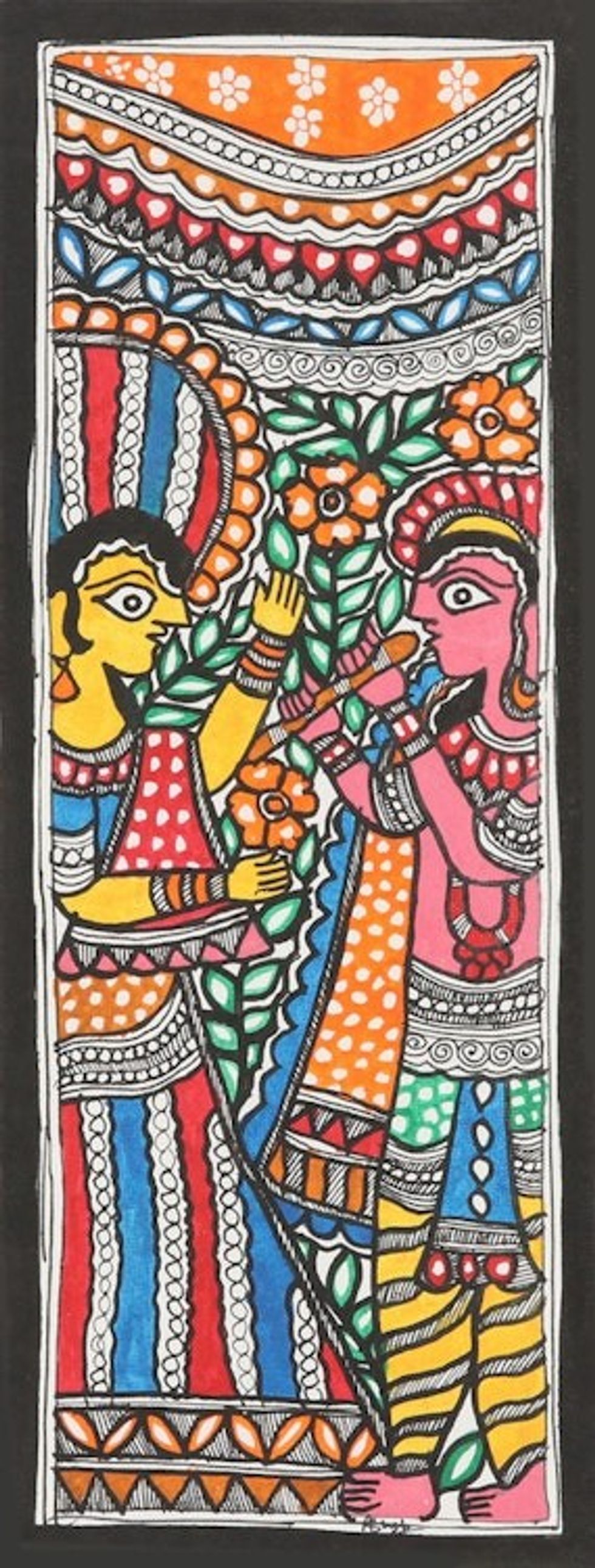 Signed Colorful Madhubani Painting of Radha and Krishna 'Divine Love'