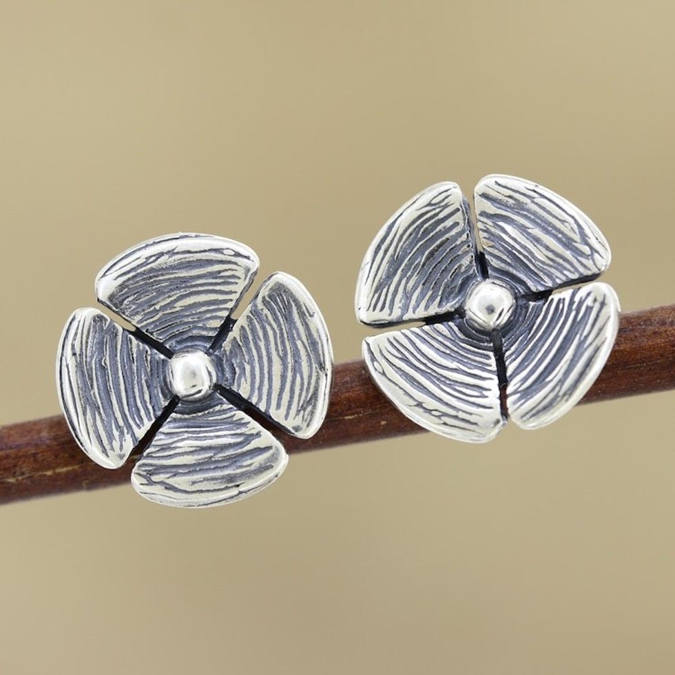 Handcrafted Sterling Silver Floral Stud Earrings 'Silver Beauty'
