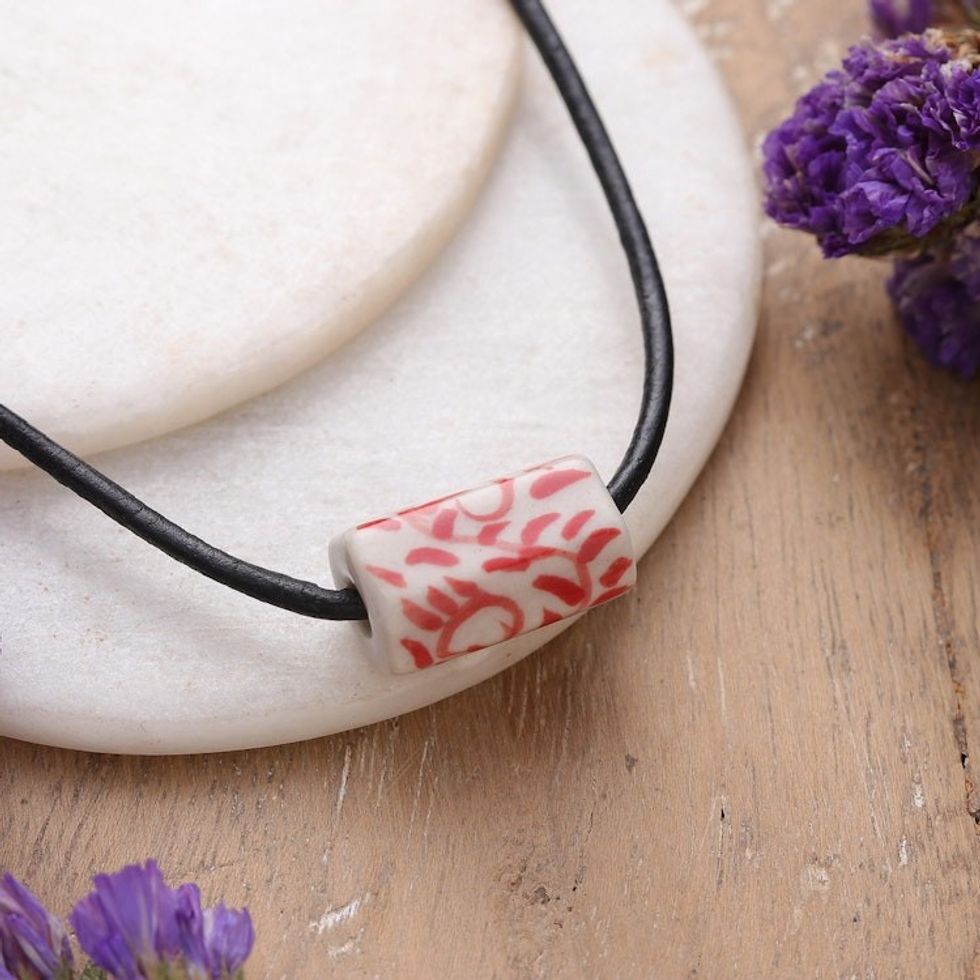 Hand-Painted Ceramic Pendant Necklace with Leather Cord 'Red Vines'