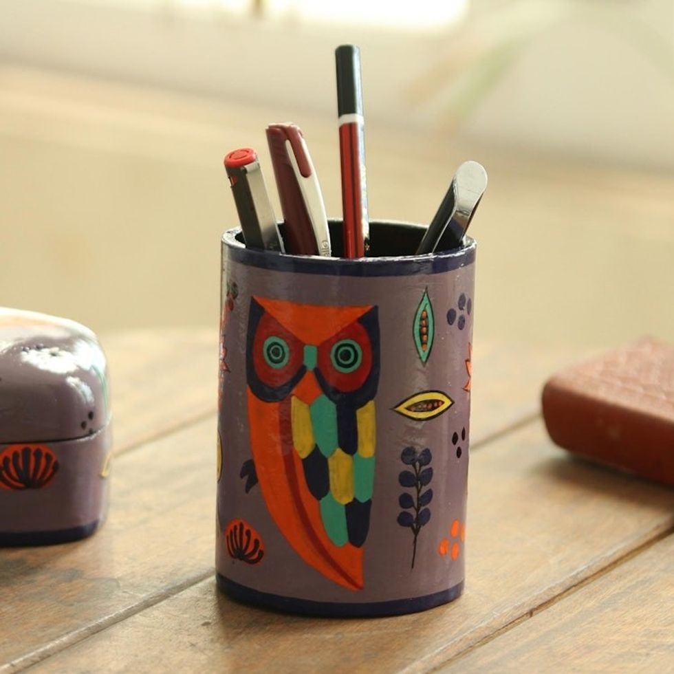 Hand Painted Papier Mache Pen Holder 'Owl Story in Dusty Lavender'
