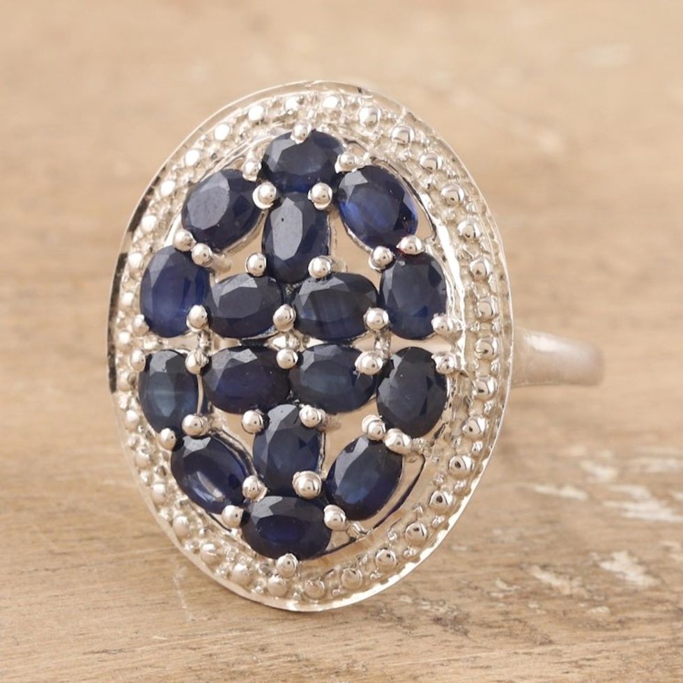 Artisan Crafted Rhodium-Plated Sapphire Cocktail Ring 'Dream Theory'