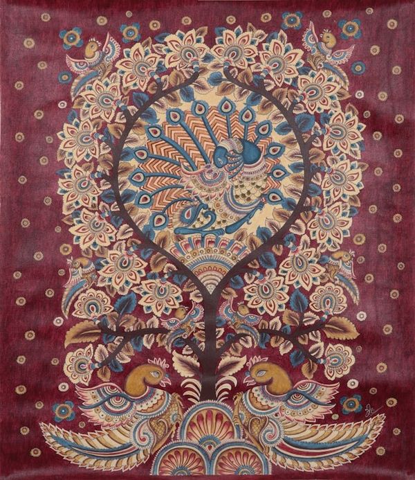 Alternate image for Folk Art Acrylic Painting from India Peacock Dance and Budding Tree