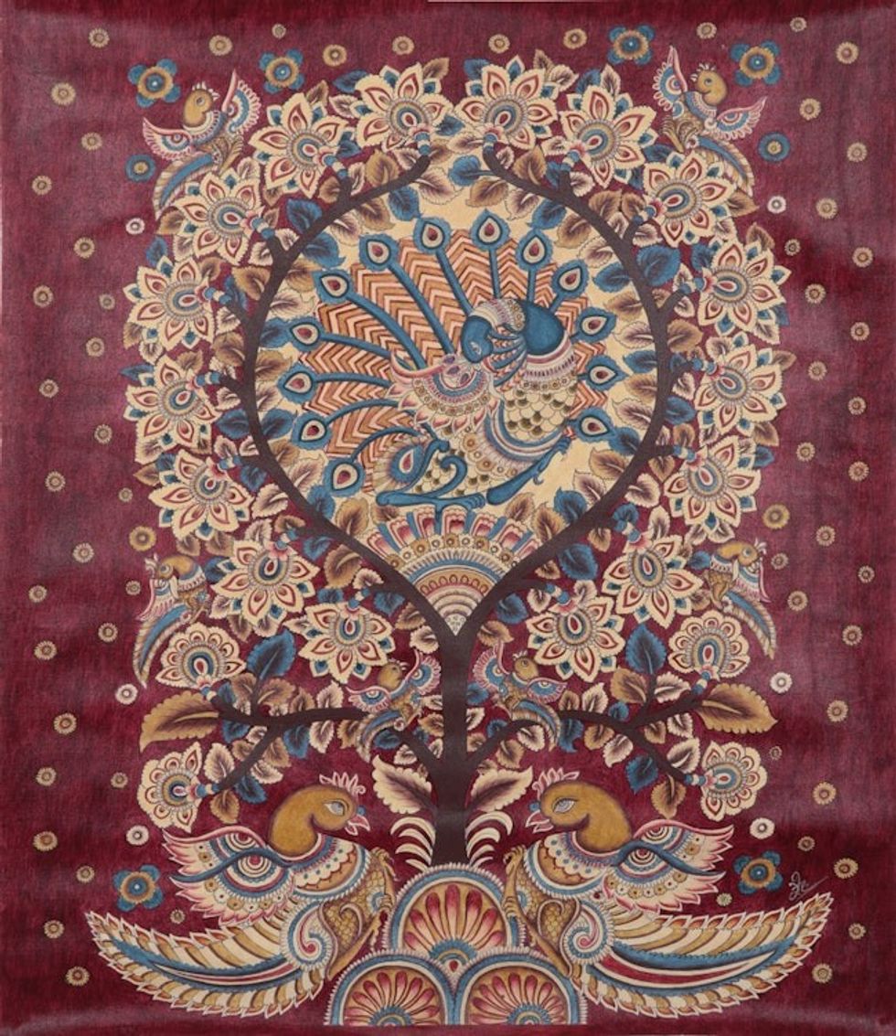 Folk Art Acrylic Painting from India 'Peacock Dance and Budding Tree'