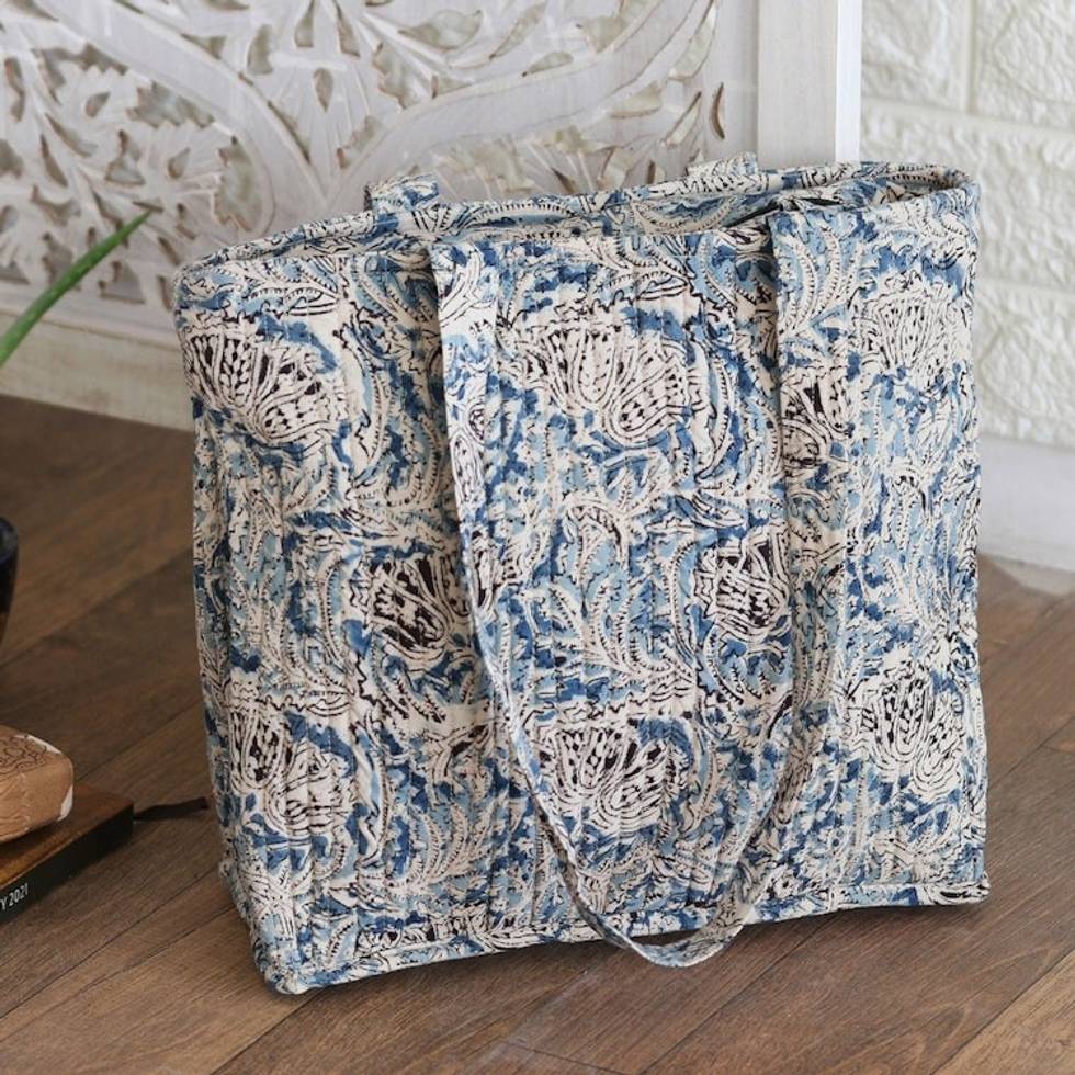 Blue Quilted Cotton Tote Bag with Block-Printed Pattern 'Glorious Blue'