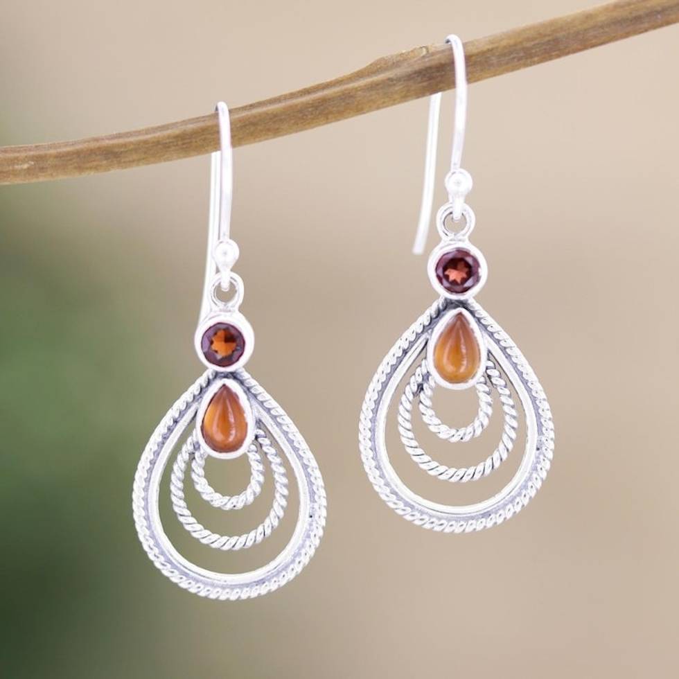 Handmade Indian Garnet and Carnelian Dangle Earrings 'Radiate in Red'