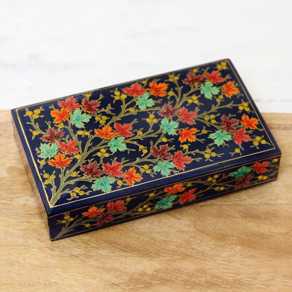 Hand-Painted Papier Mache Box with Tree Motif 'Festive Trees in Blue'