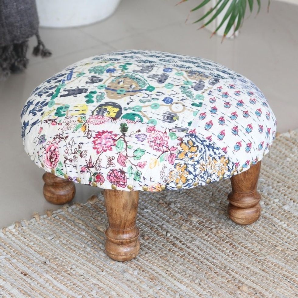 Upholstered Cotton and Wood Footstool 'Party Confetti'
