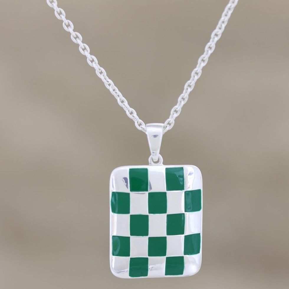 Hand Painted Sterling Silver Pendant Necklace 'Green Checkerboard'