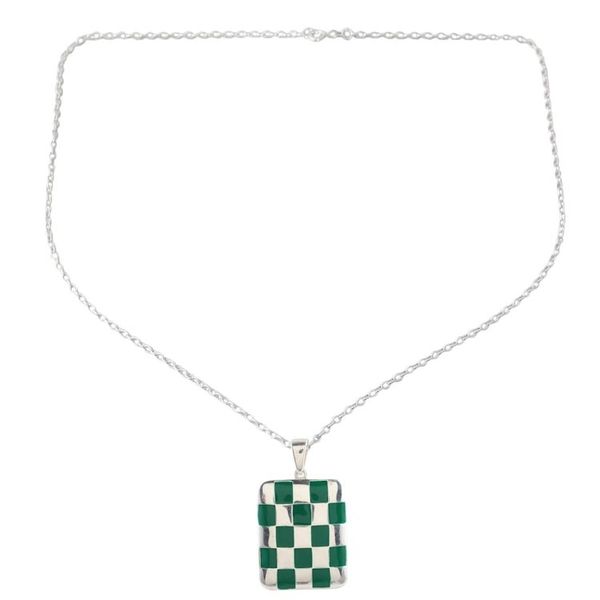 Alternate image for Hand Painted Sterling Silver Pendant Necklace Green Checkerboard