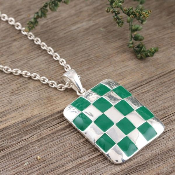 Alternate image for Hand Painted Sterling Silver Pendant Necklace Green Checkerboard