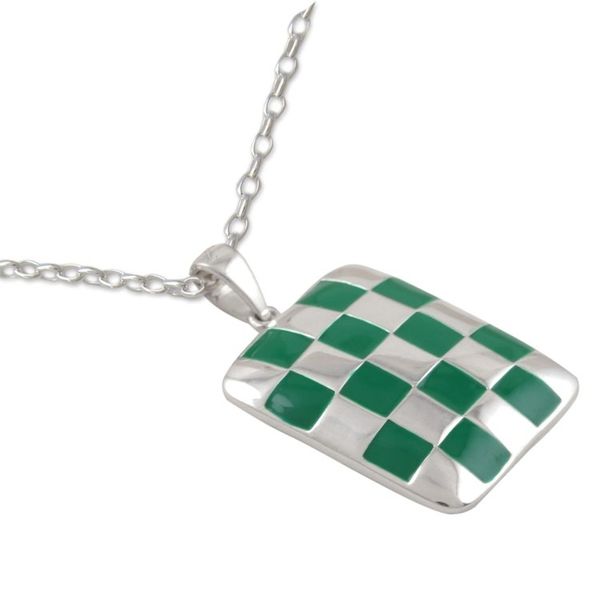 Alternate image for Hand Painted Sterling Silver Pendant Necklace Green Checkerboard