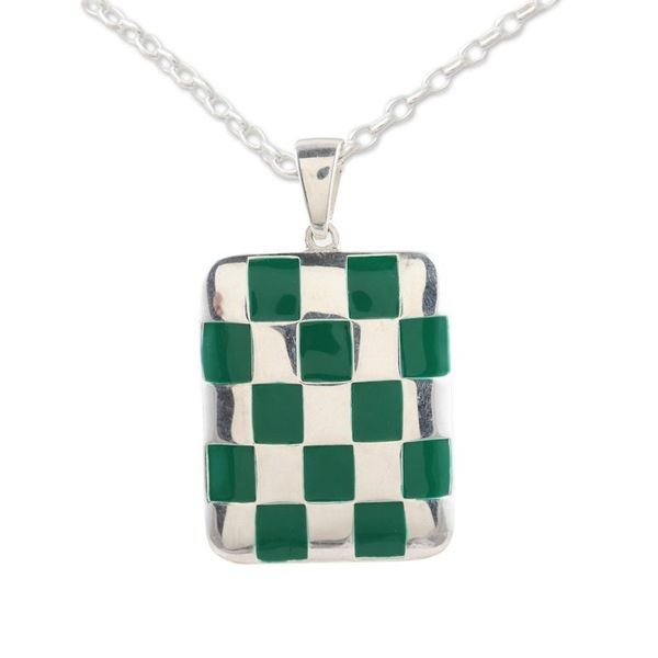 Alternate image for Hand Painted Sterling Silver Pendant Necklace Green Checkerboard